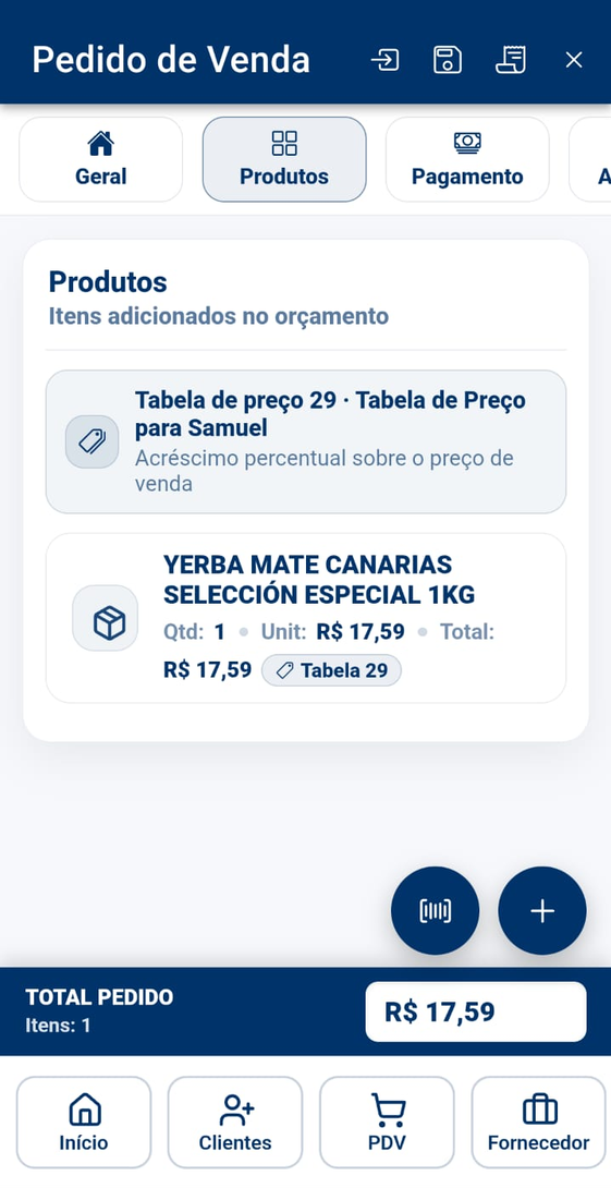 alt: Notificação sobre produto com tabela de preço na inclusão da venda