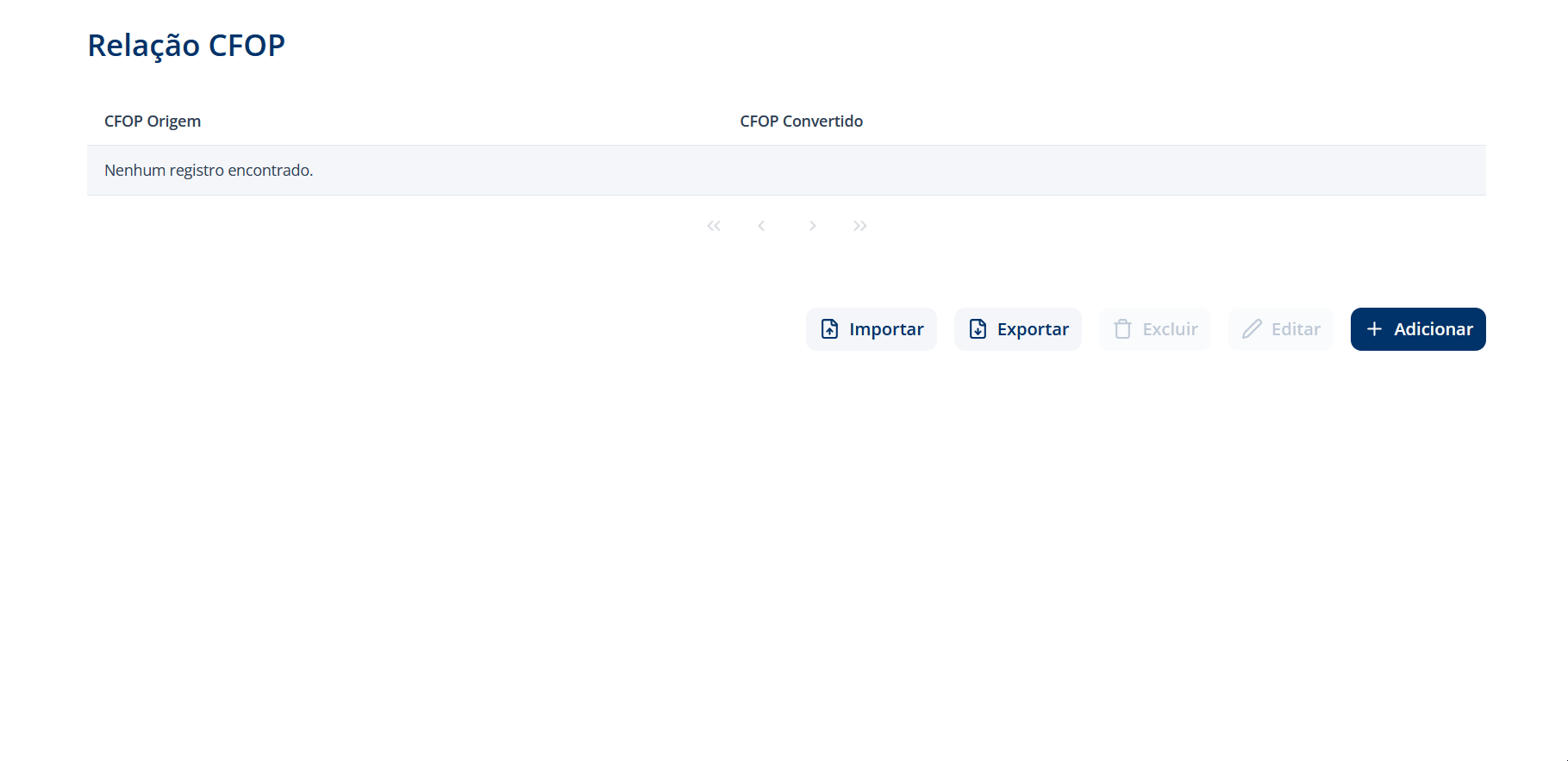 Animação na tela Relação CFOP, com a lista vazia: o usuário clica em Importar, seleciona o arquivo Relação_CFOP.csv na janela de arquivos do computador e clica em Abrir. O sistema mostra a mensagem Registro Importado com sucesso, e a tabela passa a listar as relações importadas, cada uma com o CFOP Origem e o CFOP Convertido