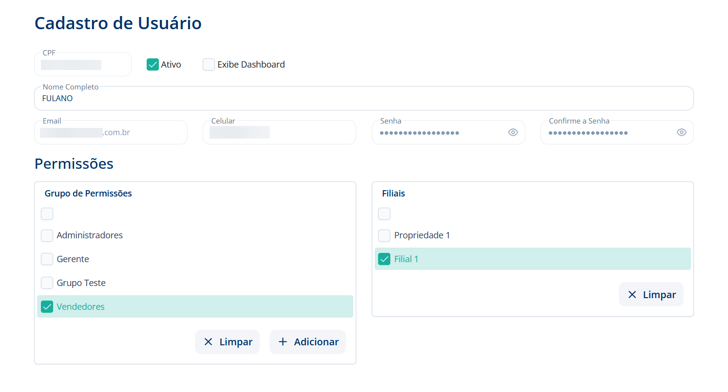 alt: Cadastro de usuário com as listas de grupos e filiais para marcar e desmarcar