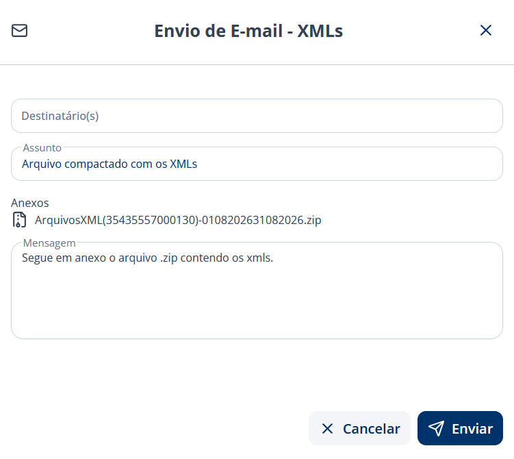 Tela Envio de E-mail - XMLs com os campos Destinatário(s), Assunto preenchido com Arquivo compactado com os XMLs, Anexos com o nome do arquivo zip dos XML e Mensagem com o texto padrão, e os botões Cancelar e Enviar