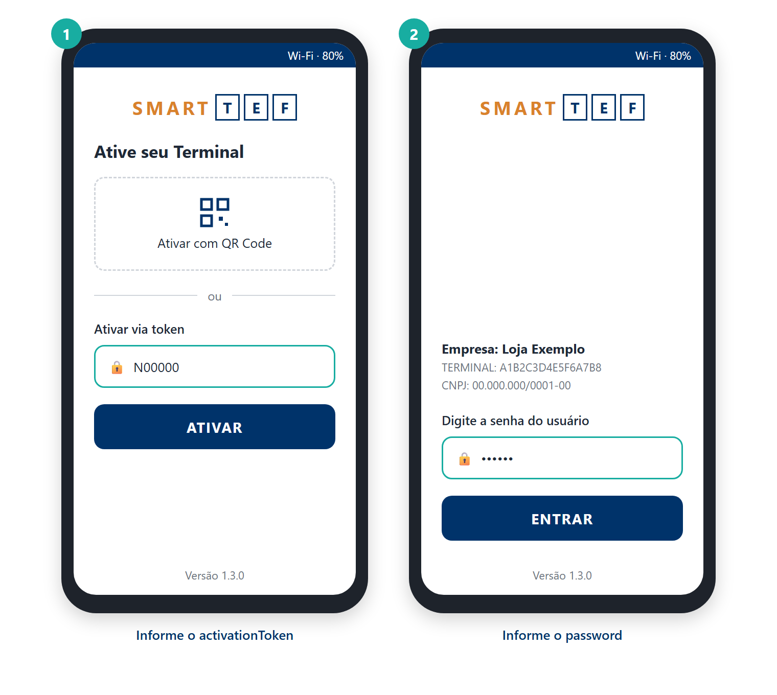 alt: Duas telas do aplicativo Smart TEF: à esquerda, a tela Ative seu Terminal, com o campo Ativar via token preenchido e o botão ATIVAR; à direita, a tela com o nome da empresa, o campo Digite a senha do usuário e o botão ENTRAR