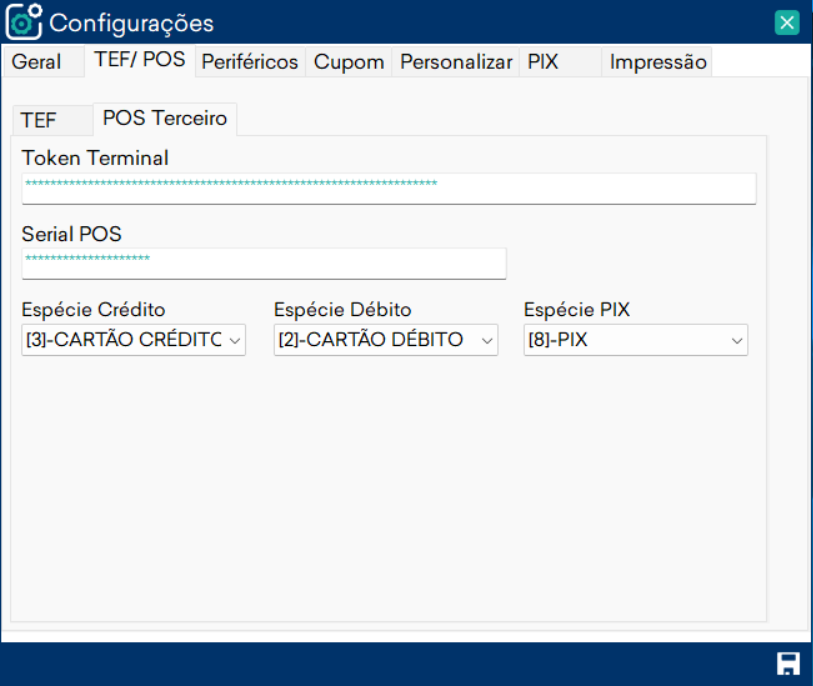 alt: Configurações do PDV na aba TEF/ POS, sub-aba POS Terceiro, com os campos Token Terminal, Serial POS, Espécie Crédito, Espécie Débito e Espécie PIX preenchidos