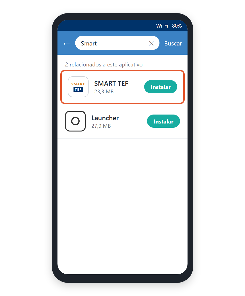 alt: Loja de aplicativos da maquininha com a busca Smart e o aplicativo SMART TEF destacado na lista de resultados, com o botão Instalar