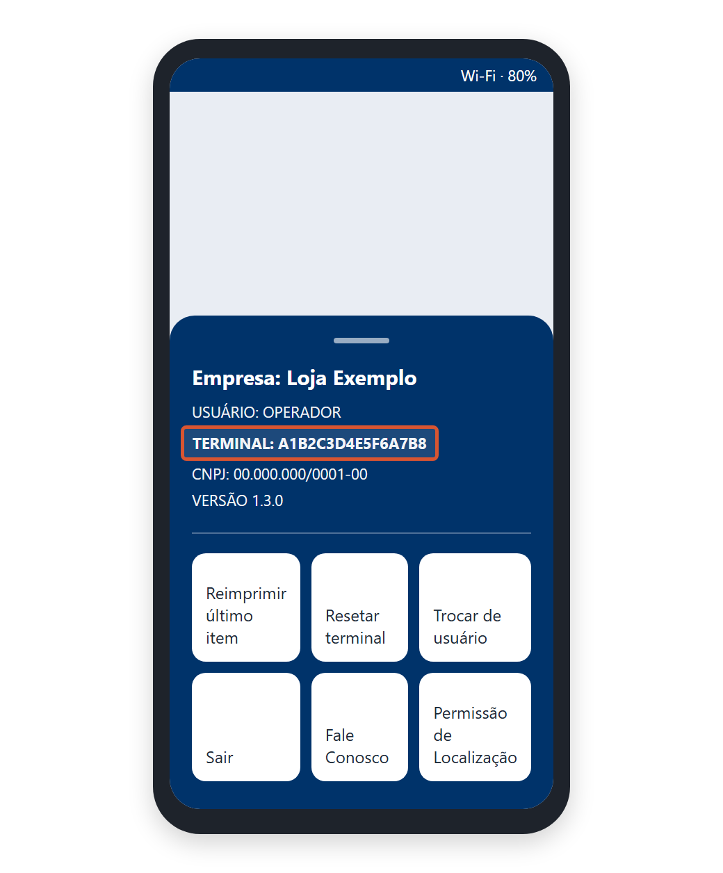 alt: Menu do aplicativo Smart TEF com o nome da empresa, o usuário, o código TERMINAL destacado, o CNPJ e a versão, e os botões Reimprimir último item, Resetar terminal, Trocar de usuário, Sair, Fale Conosco e Permissão de Localização