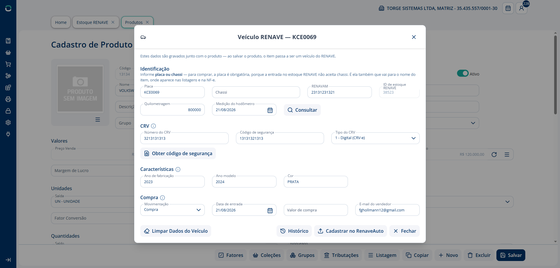 Alt text: Diálogo de cadastro de veículo RENAVE com os campos obrigatórios visíveis