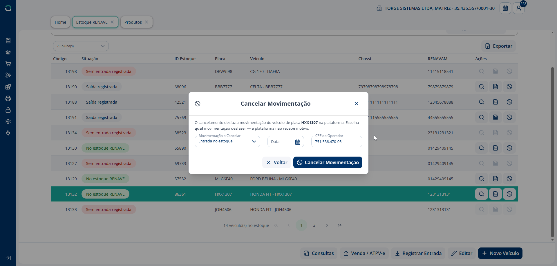 Alt text: Diálogo de cancelamento de movimentação de veículo no RENAVE
