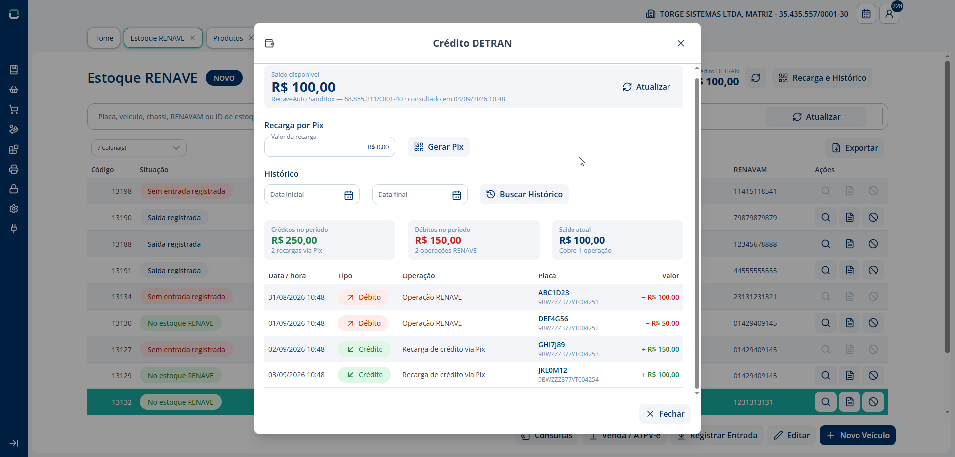 Alt text: Tela de histórico do crédito DETRAN separando recargas via Pix de débitos por operação