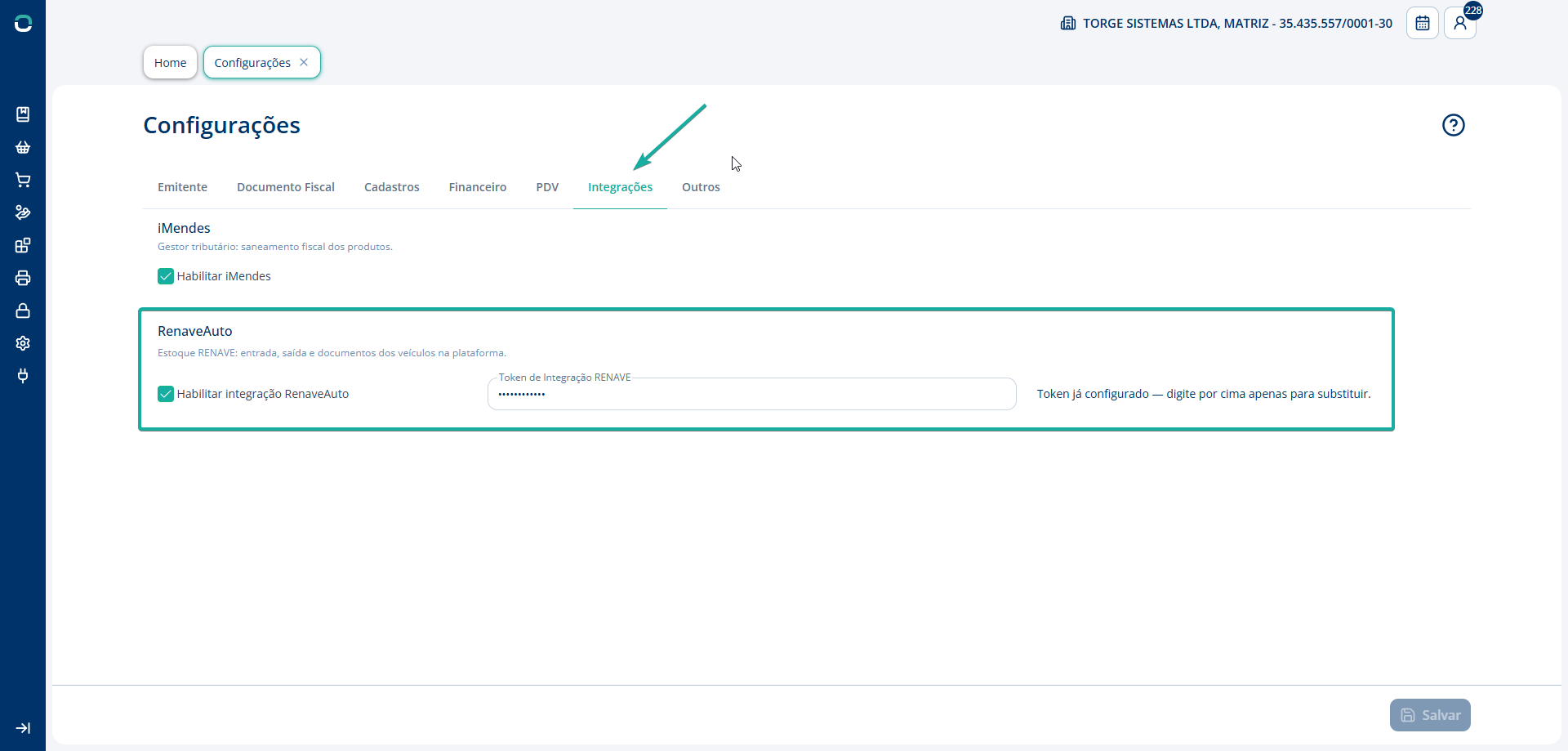 Alt text: Tela de configurações da filial mostrando o campo de token RenaveAuto