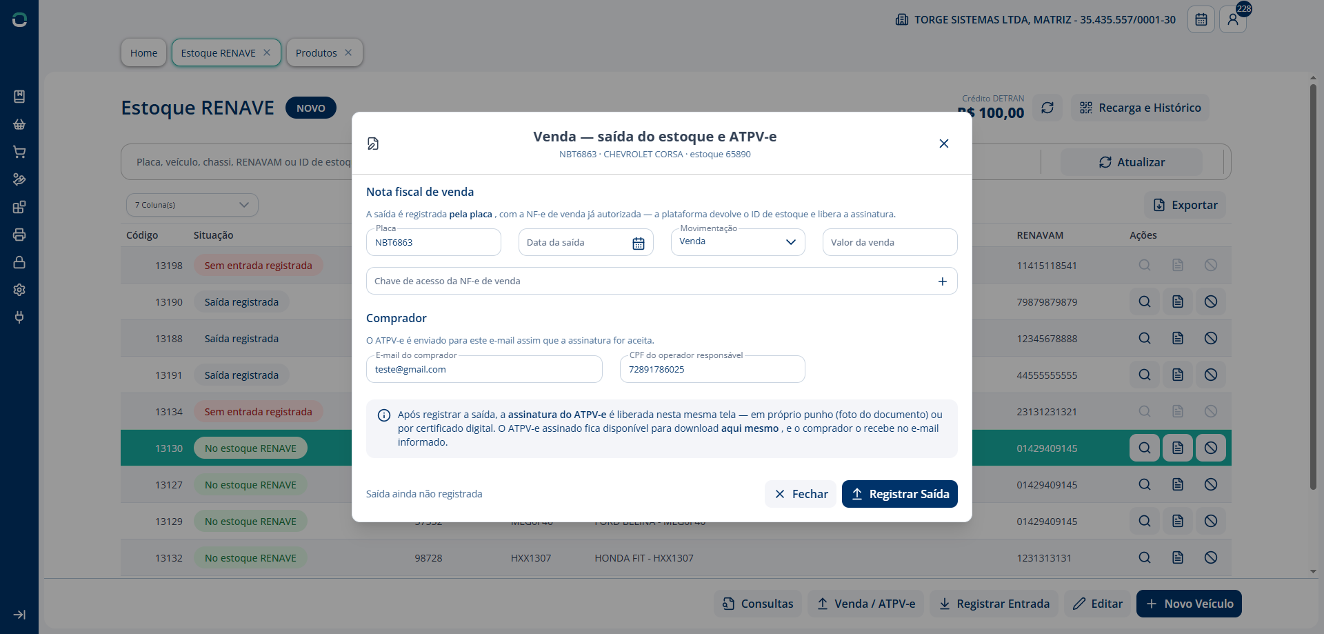 Alt text: Diálogo de saída de veículo com os campos de venda e movimentação