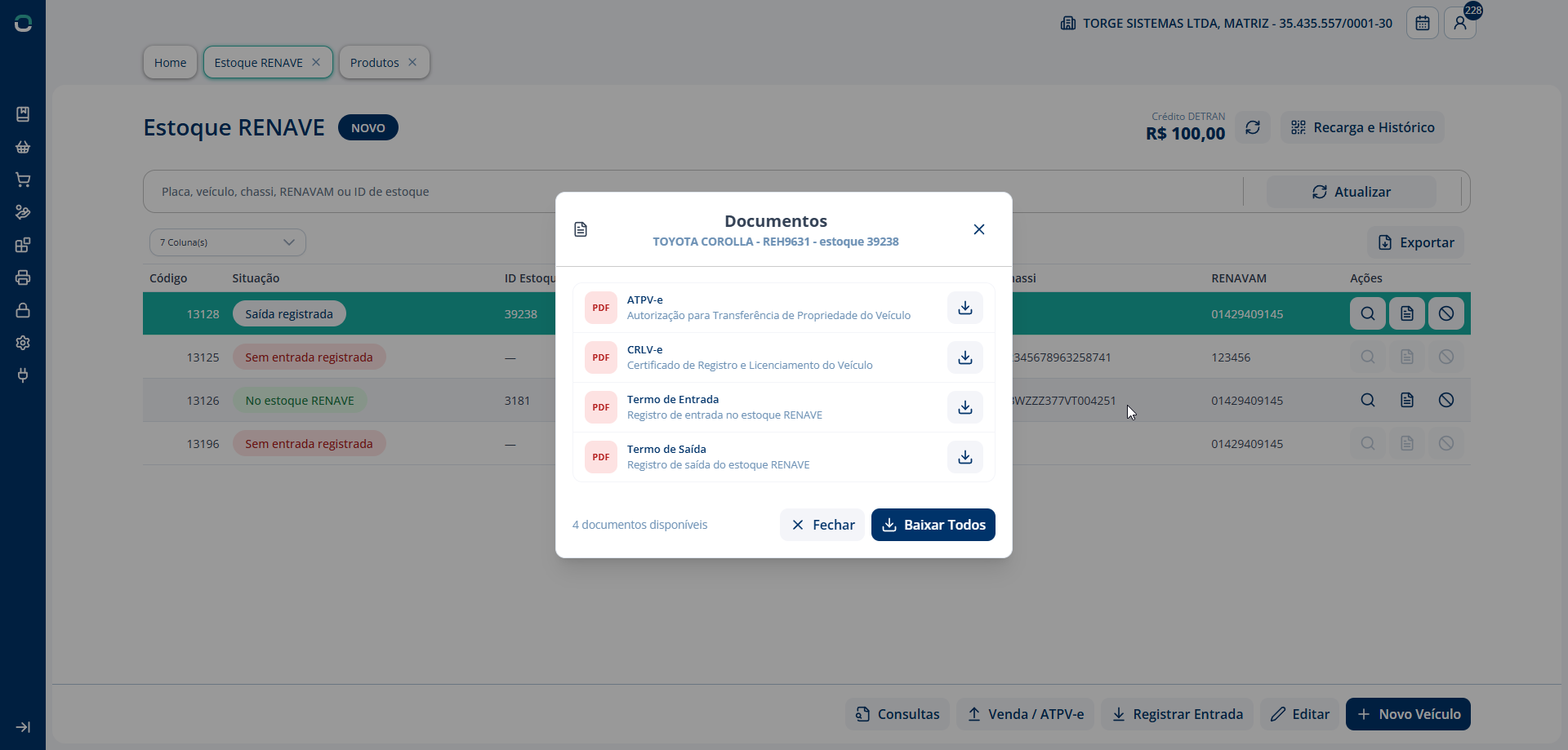 Alt text: Diálogo listando os documentos disponíveis para download de um veículo no RENAVE