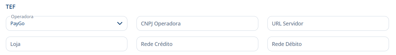 alt: Seção TEF da aba PDV das configurações com a operadora selecionada e os campos de CNPJ, URL, loja e redes preenchidos