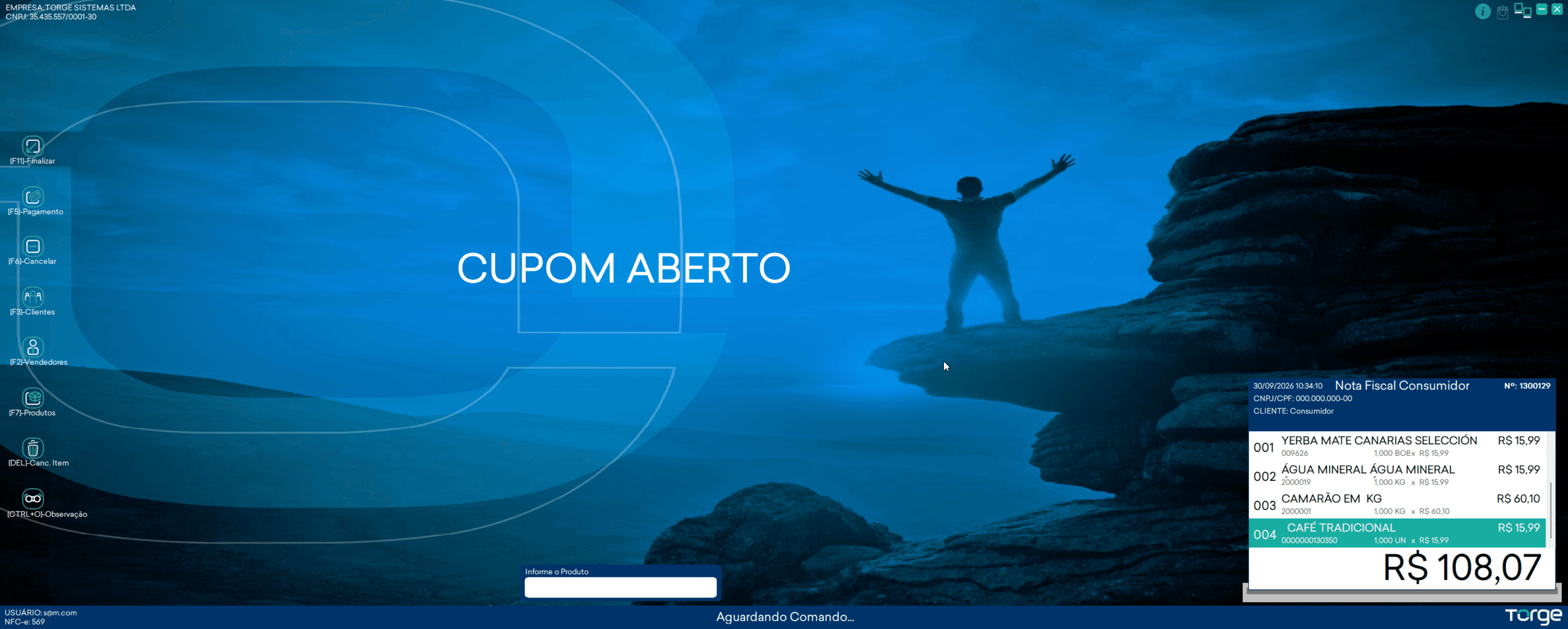 alt: Animação do cancelamento de uma venda em andamento no PDV: a tela de venda mostra o status CUPOM ABERTO com quatro itens no cupom, o operador pressiona F6-Cancelar, confirma a pergunta Deseja cancelar o cupom aberto? e o PDV volta para CAIXA LIVRE