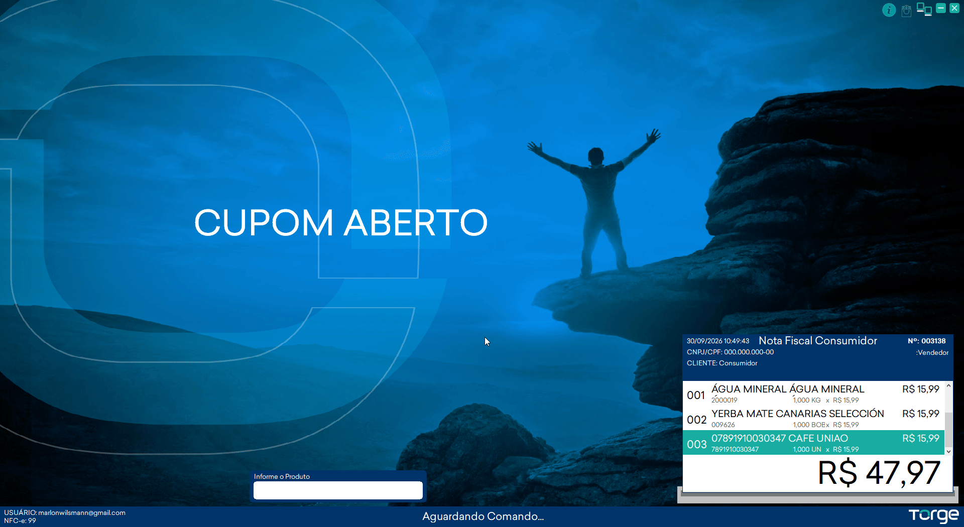 alt: Animação do cancelamento de um item no PDV: com o status CUPOM ABERTO e três itens no cupom, o operador seleciona o item na lista com as setas, pressiona Delete, confere a quantidade na tela Cancelamento de Item e confirma, e o cupom mostra a linha vermelha Cancelamento Item com o valor negativo e o total atualizado