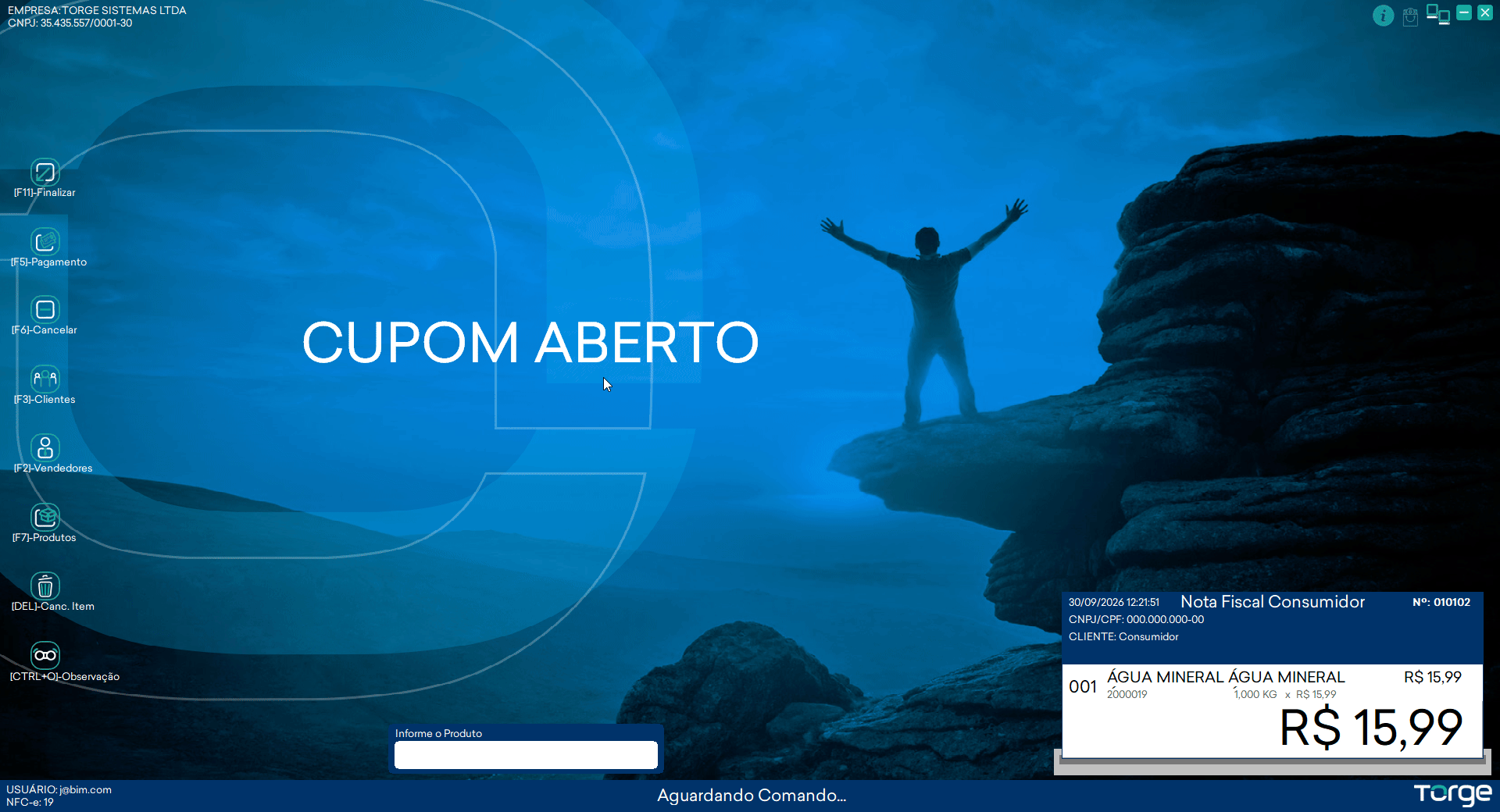 alt: Animação do acréscimo em um item no PDV: com o status CUPOM ABERTO e um item de R$ 15,99 no cupom, o operador seleciona o item, pressiona a tecla mais, preenche um dos campos de acréscimo na tela Acréscimo Item Vendido, confere a Diferença e o Valor Final Produto e confirma, e o acréscimo aparece em verde no item com o total da venda atualizado
