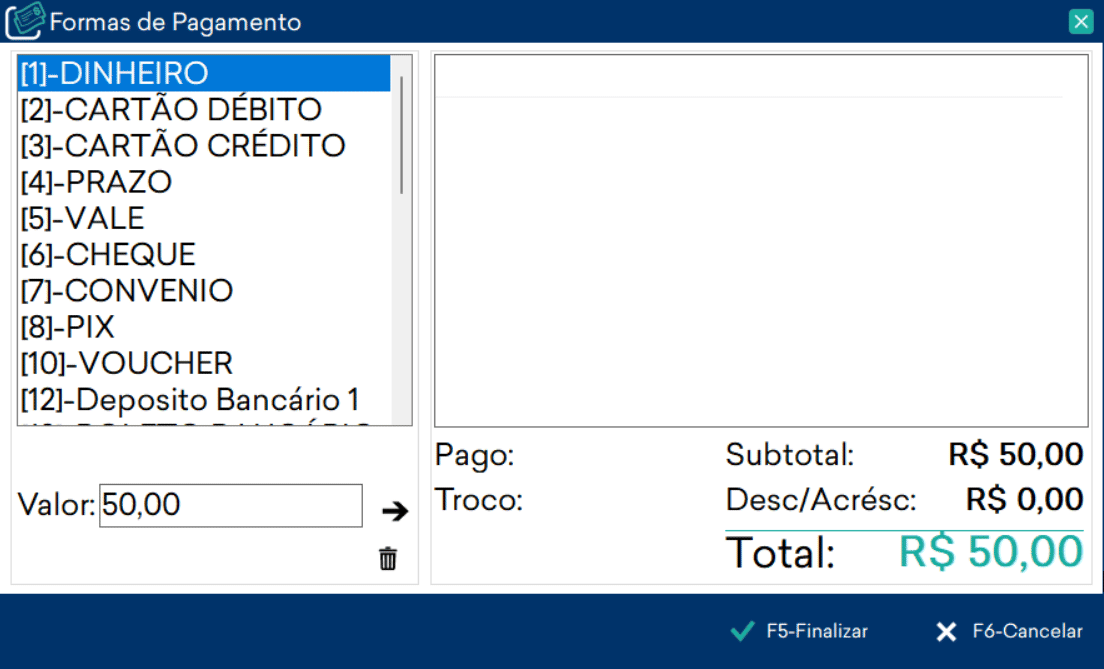 alt: Animação da tela Formas de Pagamento do PDV com uma venda de R$ 50,00: à esquerda, a lista de formas de pagamento, como Dinheiro, Cartão Débito, Cartão Crédito e PIX, e o campo Valor; à direita, a grade dos pagamentos e os totais Pago, Troco, Subtotal, Desc/Acrésc e Total. O operador lança parte do valor na primeira forma, o campo Valor passa a mostrar o que falta, lança o restante na segunda forma e finaliza com F5