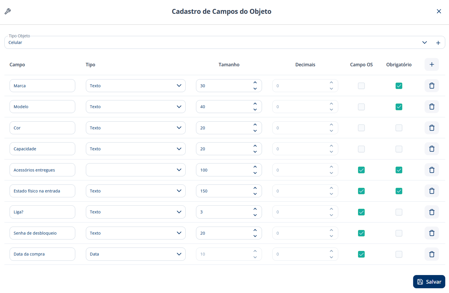 alt: Tela Cadastro de Campos do Objeto com o tipo Celular selecionado e os campos Marca, Modelo, Cor, Capacidade, Acessórios entregues, Estado físico na entrada, Liga?, Senha de desbloqueio e Data da compra, com as colunas Campo, Tipo, Tamanho, Decimais, Campo OS e Obrigatório
