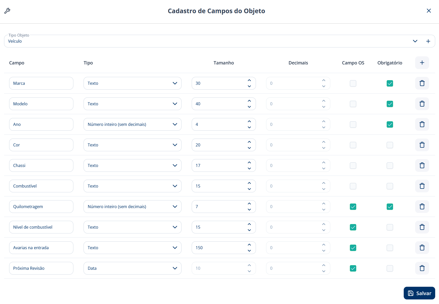 alt: Tela Cadastro de Campos do Objeto com o tipo Veículo selecionado e os campos Marca, Modelo, Ano, Cor, Chassi, Combustível, Quilometragem, Nível de combustível, Avarias na entrada e Próxima Revisão, com as colunas Campo, Tipo, Tamanho, Decimais, Campo OS e Obrigatório